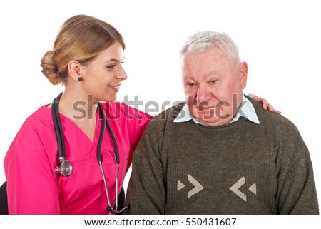 Picture of a depressed old man with her young doctor - isolated background