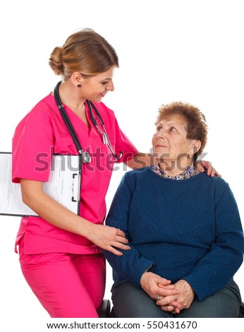 Picture of an old lady with her physician - isolated background