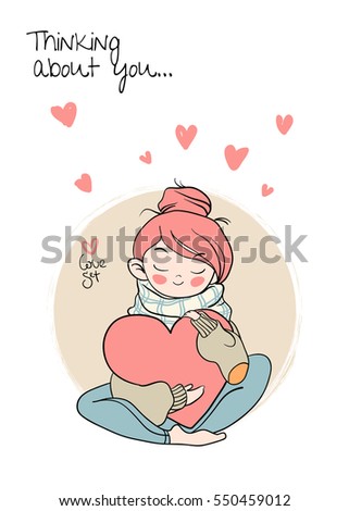 Romantic Illustration with a beautiful girl and heart. Vector illustration for holiday design, Valentine?s day greetings.