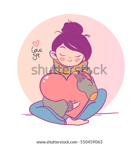 Romantic Illustration with a beautiful girl and heart. Vector illustration for holiday design, Valentines day greetings.