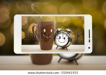 Brown mug and alarm clock with a happy smile, Good night or Have a happy day message concept