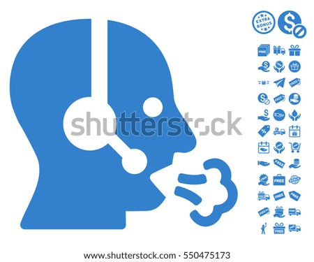 Operator Speech icon with free bonus symbols. Vector illustration style is flat iconic symbols, cobalt color, white background.