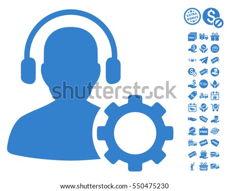 Operator Configuration Gear pictograph with free bonus clip art. Vector illustration style is flat iconic symbols, cobalt color, white background.