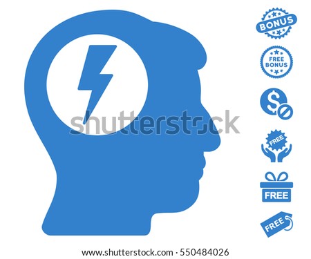 Brain Electric Shock pictograph with free bonus clip art. Vector illustration style is flat iconic symbols, cobalt color, white background.