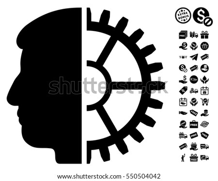 Android Head icon with free bonus clip art. Vector illustration style is flat iconic symbols, black color, white background.