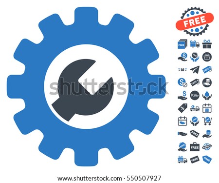 Service Tools icon with free bonus symbols. Vector illustration style is flat iconic symbols, smooth blue colors, white background.