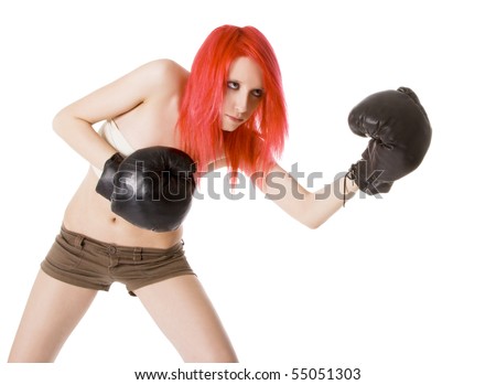 Red-hair girl kick boxer kicked in anger shouting