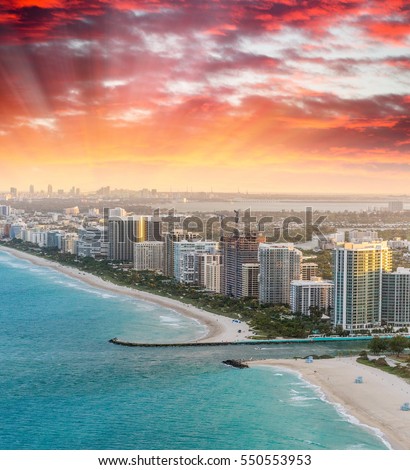 Miami Beach aerial skyline at dusk, Florida.
