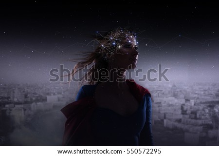 Profile of young attractive woman with symbol neurons in brain. Thinking like stars, cosmos inside human, background panorama the city Royalty-Free Stock Photo #550572295