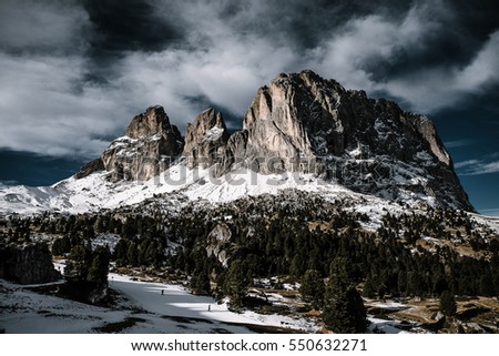 A mountain range a the Gardena Pass in the Dolomite mountains, North Italy in winter.