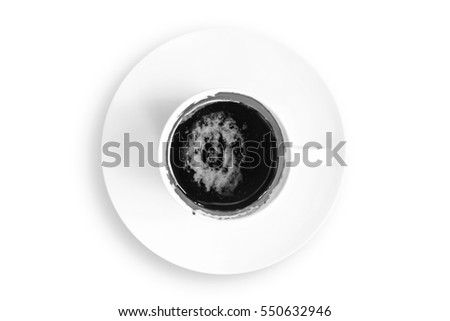 Top view of coffee cup with saucer in black-and-white on white background