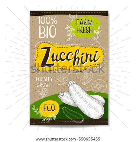 Colorful label in sketch style, food, spices, cardboard textured background. Zucchini. Vegetables. Bio, eco, farm, fresh. locally grown. Hand drawn vector illustration.