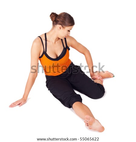 Woman doing yoga exercise called Three-angled leg-facing forward bend - stage one, sanskrit name: Trianga Mukhaikapada Pashchimottanasana, isolated on white
