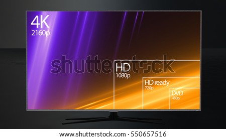 4K television resolution display with comparison of resolutions. 3D render Royalty-Free Stock Photo #550657516