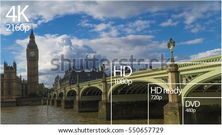 4K resolution display with comparison of resolutions. London, UK Royalty-Free Stock Photo #550657729