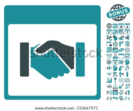 Handshake Calendar Page icon with bonus calendar and time management clip art. Vector illustration style is flat iconic symbols, soft blue, white background.