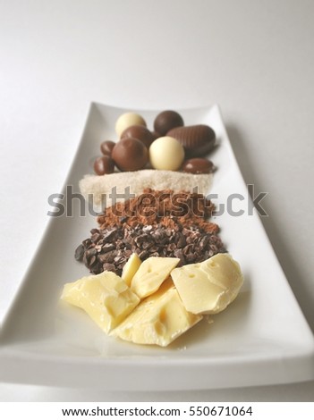 Ingredients for making chocolate- cacao butter, cacao beans, cocoa powder, cane sugar and chocolates with copy space