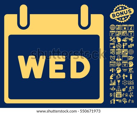 Wednesday Calendar Page icon with bonus calendar and time management clip art. Vector illustration style is flat iconic symbols, yellow, blue background.