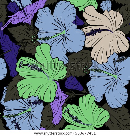 Hibiscus flowers on black background in violet and green colors.