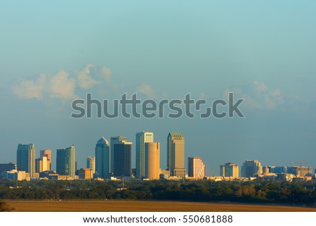 Full Tampa Florida skyline showing construction growth on south side at sunset with tree line and clean field in the foreground