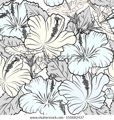 Hibiscus flowers and buds retro seamless pattern illustration in gray colors on white background.