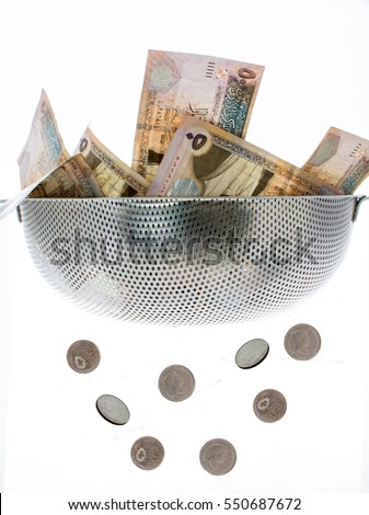 jordanian dinar stuffed in colander isolated on white background, money after rent and tax