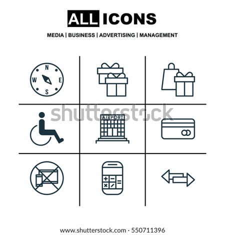 Set Of 9 Travel Icons. Includes Shopping, Airfield Manufacture, Locate And Other Symbols. Beautiful Design Elements.