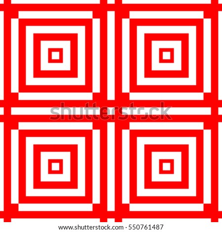 Repeated stylized red squares on white background. Quadrangles wallpaper. Seamless surface pattern design with symmetrical polygons ornament. Geometric motif. Digital paper for print. Vector art