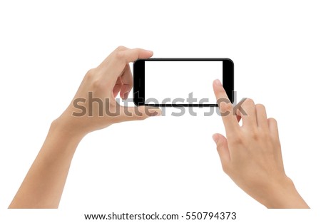 hand holding phone mobile and touching screen isolated on white background, mock-up smartphone matte black color Royalty-Free Stock Photo #550794373