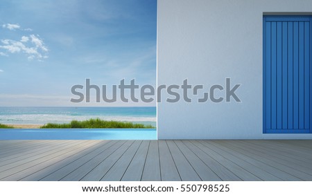 Luxury sea view swimming pool in modern white beach house - 3d rendering Royalty-Free Stock Photo #550798525