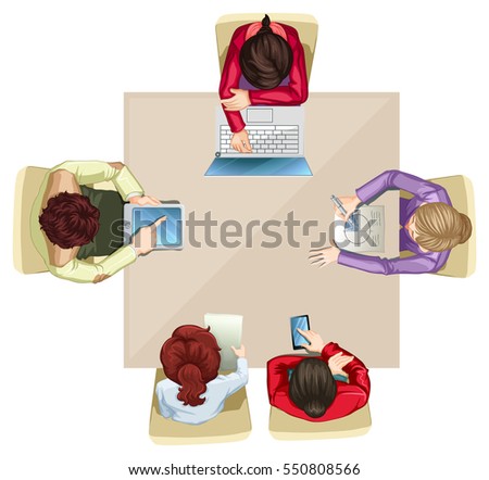 Four business people working at the table illustration