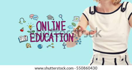 Online Education text with young woman on a blue background
