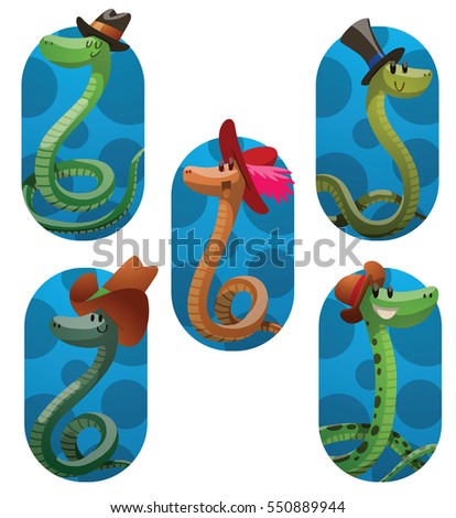 Vector set of blue oval frames with colored cartoon images of funny snakes with different hats on their heads, smiling in the center on a white background. Vector illustration.