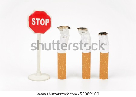 Three cigarette butt and stop sign isolated on a white background