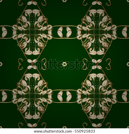Seamless vintage pattern on green background with golden elements. Radial gradient shape.