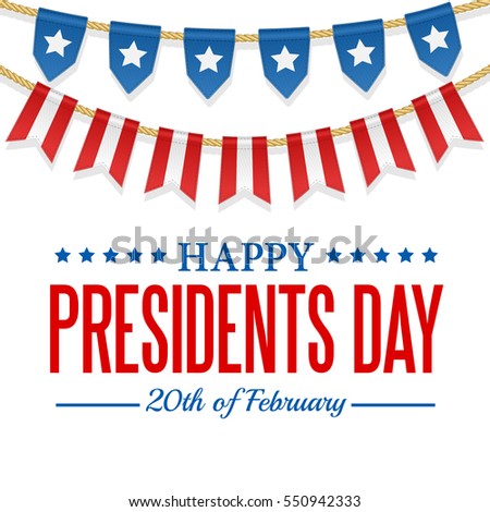 Presidents Day background. USA patriotic template with text, stripes and stars. Vector colorful bunting decoration. Garland, pennants on a rope for american party, festival, celebration, special event