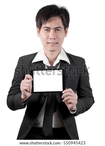 businessman asian Hold a Tablet , man black suit & necktie