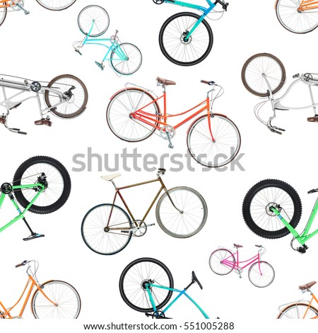Seamless pattern of different bicycles isolated on a white background