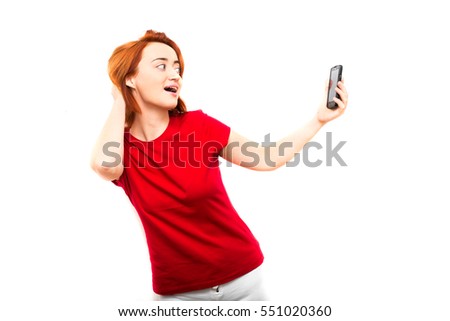 Young woman doing a selfie photo. The modern concept, fashion selfie photo trend. Isolated on white background.
