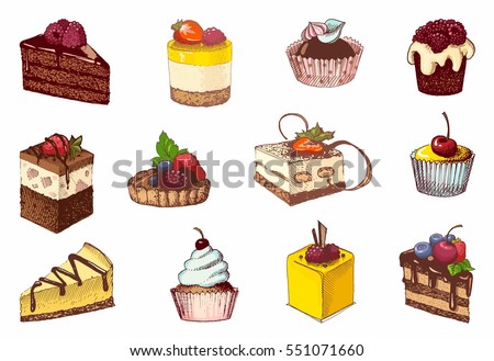Sketches of scrumptious cupcakes, berry pie and chocolate tiered cake, decorated by butter cream, fresh strawberries and cherries.