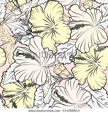 Seamless floral pattern with hibiscus, leaves and buds on a neutral background. Vector abstract multicolored floral background. Multicolor seamless flower pattern.