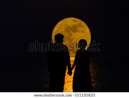 wedding couple with the super full moon background  / soft focus picture