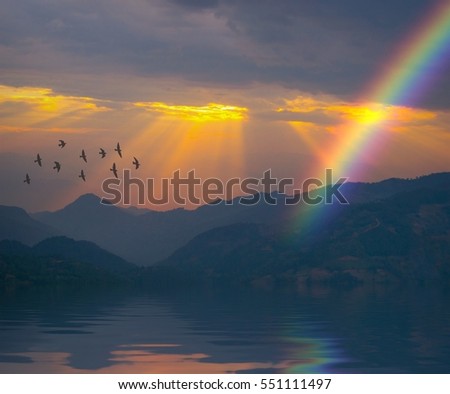 slihouette birds rainbow mountain lake sunrise ray of light
