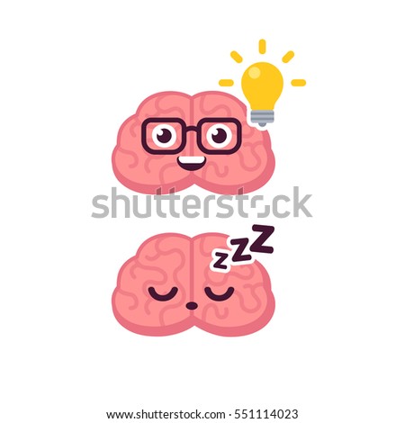 Cute brain character illustration. Sleeping and lightbulb idea concept. Cartoon icon.