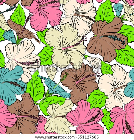 Seamless tropical flowers in pink, green and beige colors. Hibiscus vector pattern on a white background.