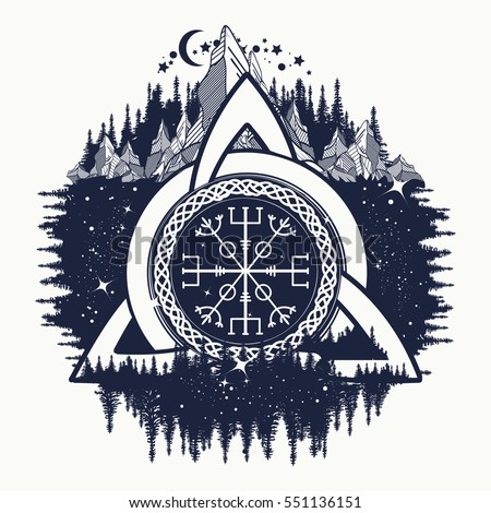 Celtic trinity knot, Helm of Awe, aegishjalmur, tattoo. Scandinavian symbols of Vikings, travelers, mascot. Celtic style, t-shirt design 