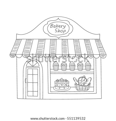 Bakery shop building isolated on white background. Hand drawn doodle style vector illustration. Royalty-Free Stock Photo #551139532