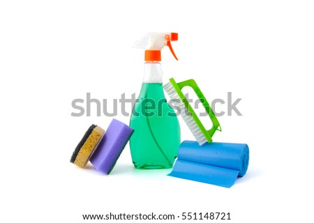 Means for washing windows and cleaning the house. Professional studio shot on a white background.