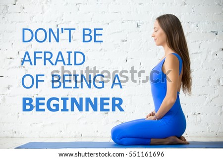 Fit woman doing yoga or pilates exercise. Fitness motivation quote with motivational text "Do not be afraid of being a beginner". Healthy lifestyle concept. Seiza, vajrasana pose. Horizontal image