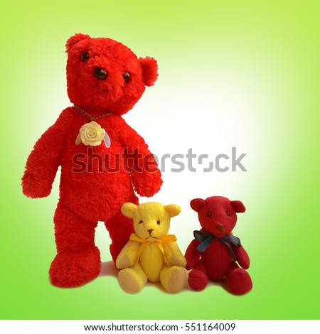 Teddy bears, red, yellow Illustration for special occasions Background heart colored white and green.